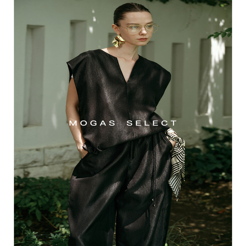 Mogas South French holiday heavyweight Lyocell blend French V neck T shirt sleeveless top vest women s summer outerwear image 4