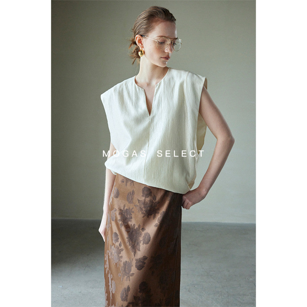 Mogas South French holiday heavyweight Lyocell blend French V neck T shirt sleeveless top vest women s summer outerwear image 12