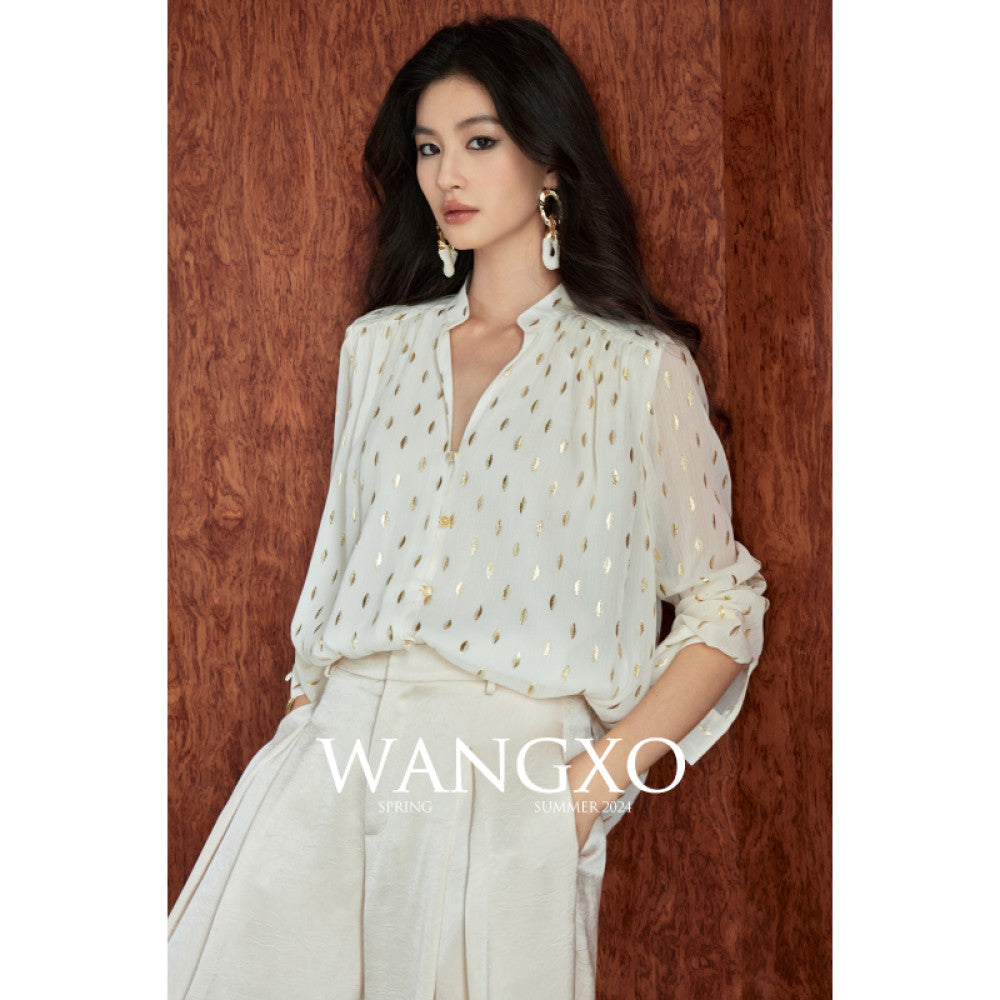 WANGXO Gilded Chiffon with Gold Leaf Pattern Custom Gold Sprinkled Glass Buttons Women s Loose Straight Shirt with Small Stand Up Collar image 8