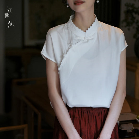 ASAYA3525 White short-sleeved cheongsam top (Chinese Style Tea Shirt)