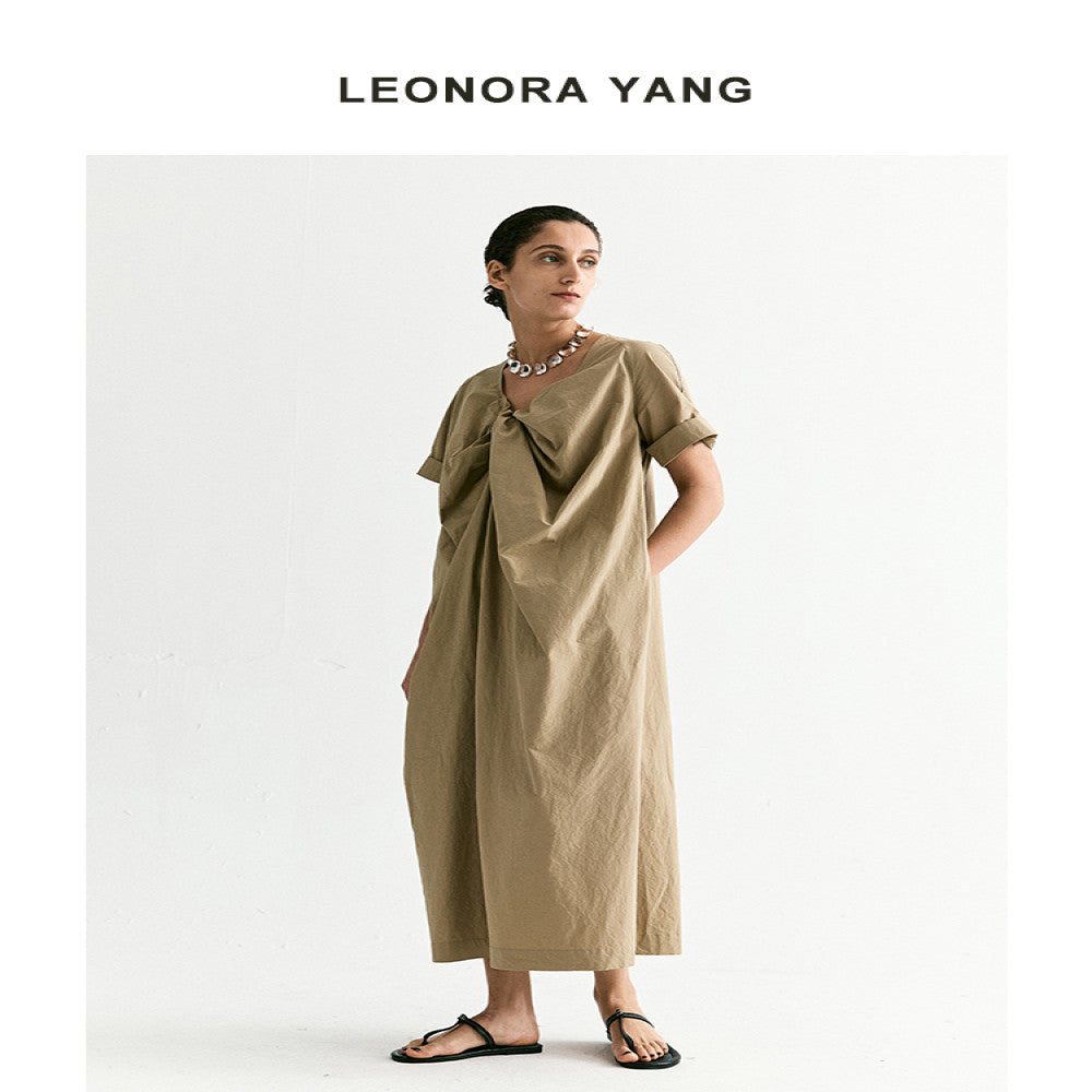 LEONORA YANG 24SS original niche stand cut twisted pleated V neck loose French dress for women s summer luxury image 4