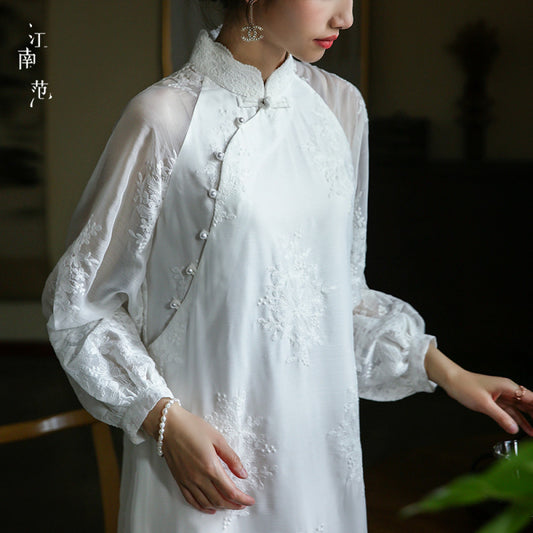 ASAYA3520 Chinese Style White Full Open-front Improved Cheongsam (Tea Spring Dress)