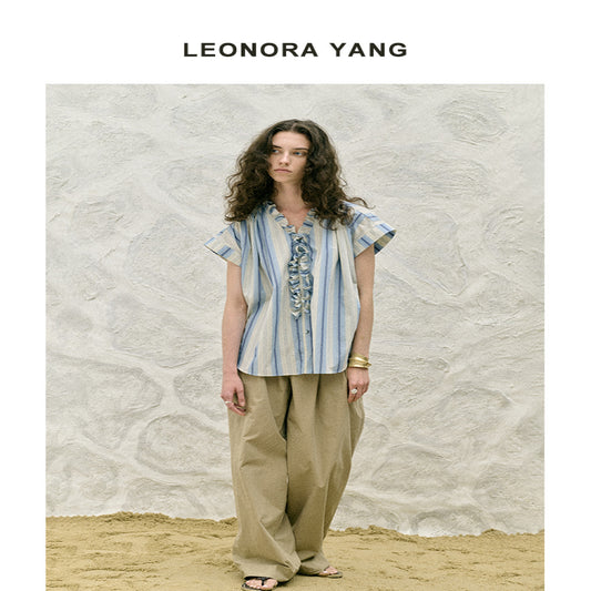 ASAYA3504 Blue Cotton dropped shoulder sleeves wood ear design striped shirt