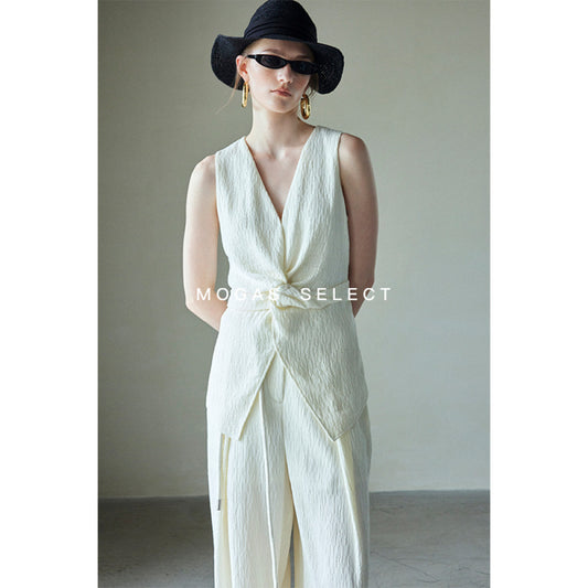 ASAYA3496 "Beauty Wrinkle" Sleeveless V-Neck Twist Vest and Matching Pants (Sold Seperately / Two Colors)