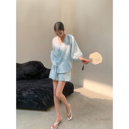 ASAYA3493 BLUE NEW CHINESE STYLE TWO-PIECE SUIT WOMEN'S SUMMER 2024 SHIRT, TOP, SKIRT, SHORTS