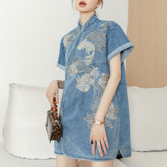 ASAYA3491 Retro Chinese style denim with embroidery buttoned cheongsam