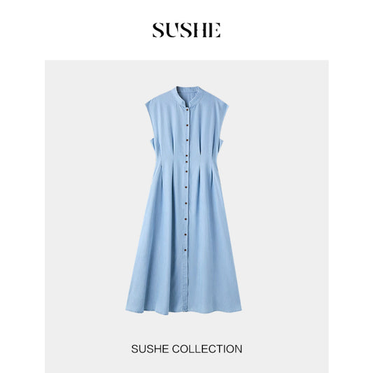 ASAYA3487 Cool Cloud Soft New Tencel Blue and White Striped Shoulder Sleeve French Waist A-Line Dress