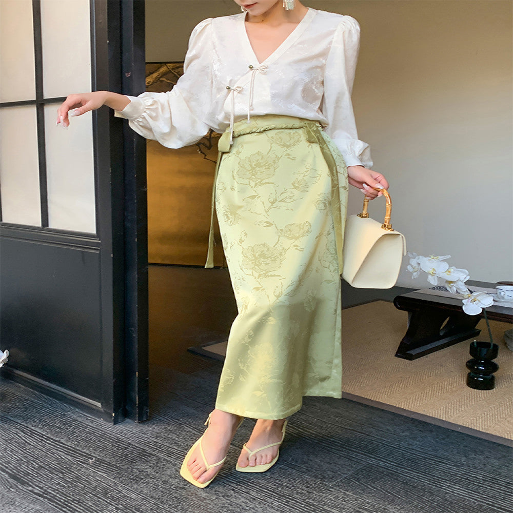 JWUNIQUE dimple green new Chinese style skirt female autumn 2025 high waist slim hip long skirt image 1