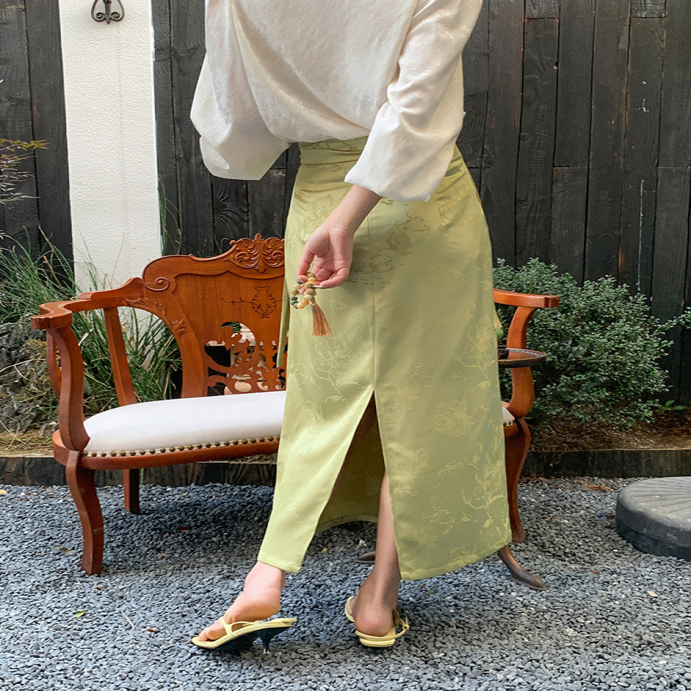 JWUNIQUE dimple green new Chinese style skirt female autumn 2025 high waist slim hip long skirt image 4