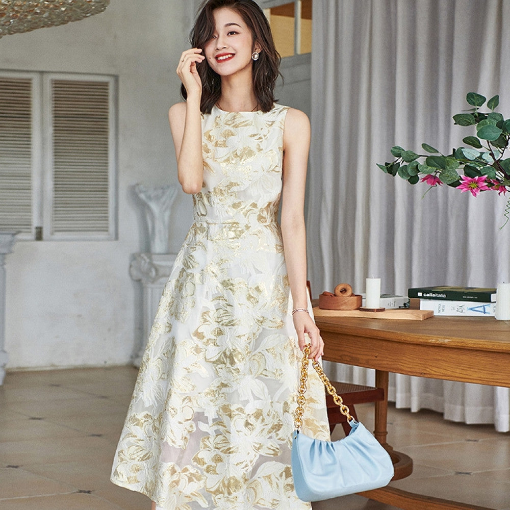 Thin and luxurious high waisted dress for women in spring 471 organza jacquard gold three dimensional embroidery socialite style long dress image 22