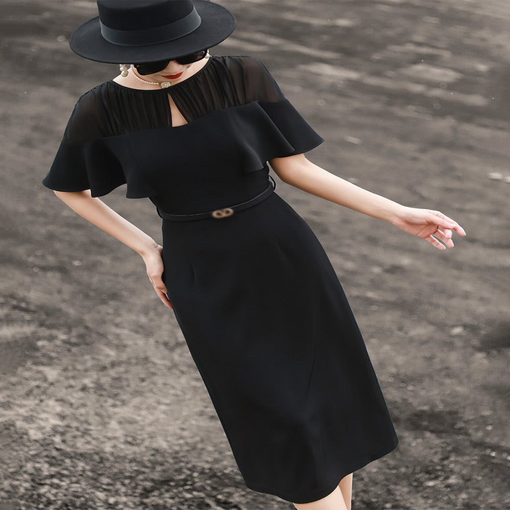 Lanser 2025 summer new temperament high end feeling lotus leaf sleeve splicing lace up slim fit and slimming package hip dress for women image 16