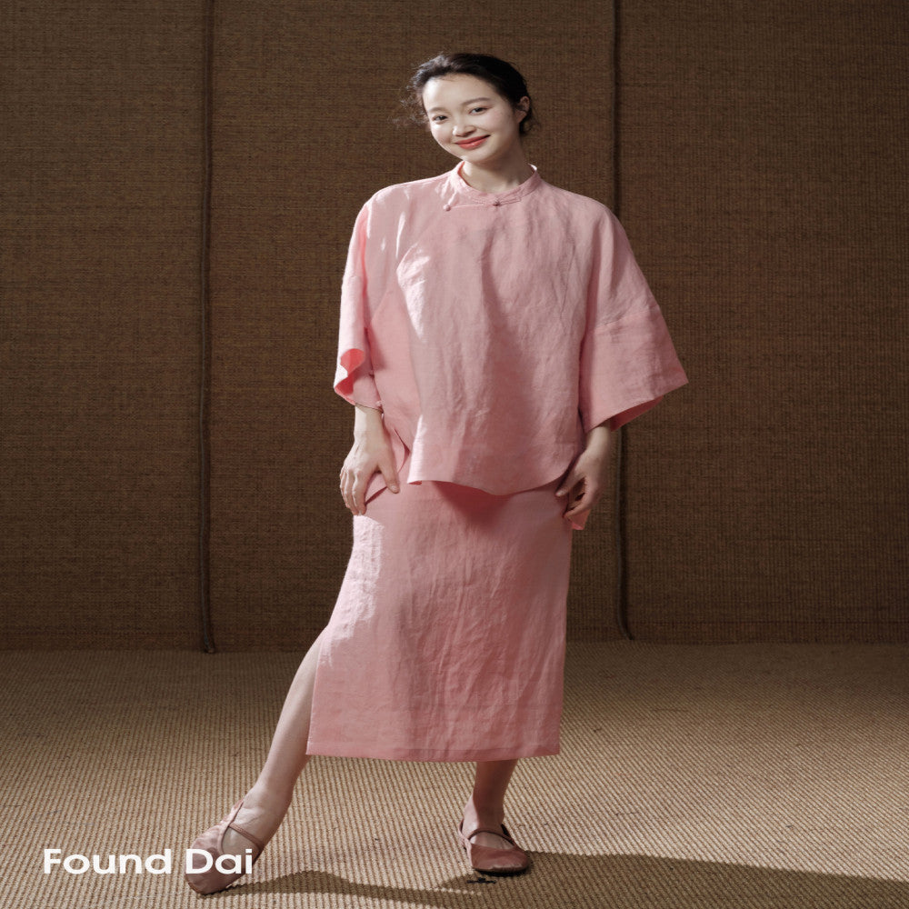 100 Ramie New Chinese style Cut Stand up Collar Top Side Wide Edge Stacked Half Skirt image 146