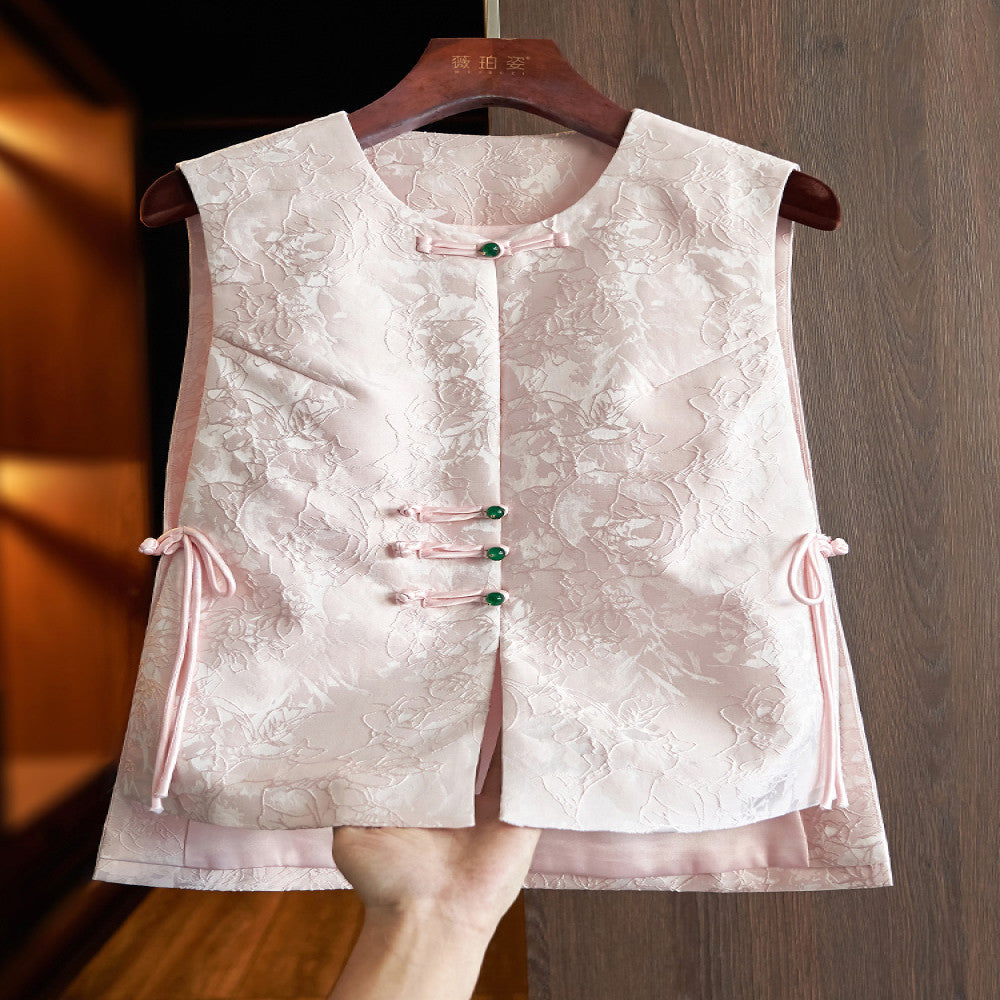 High grade black new Chinese waistcoat vest women s retro jacquard niche light China Chic style button folding top image 3