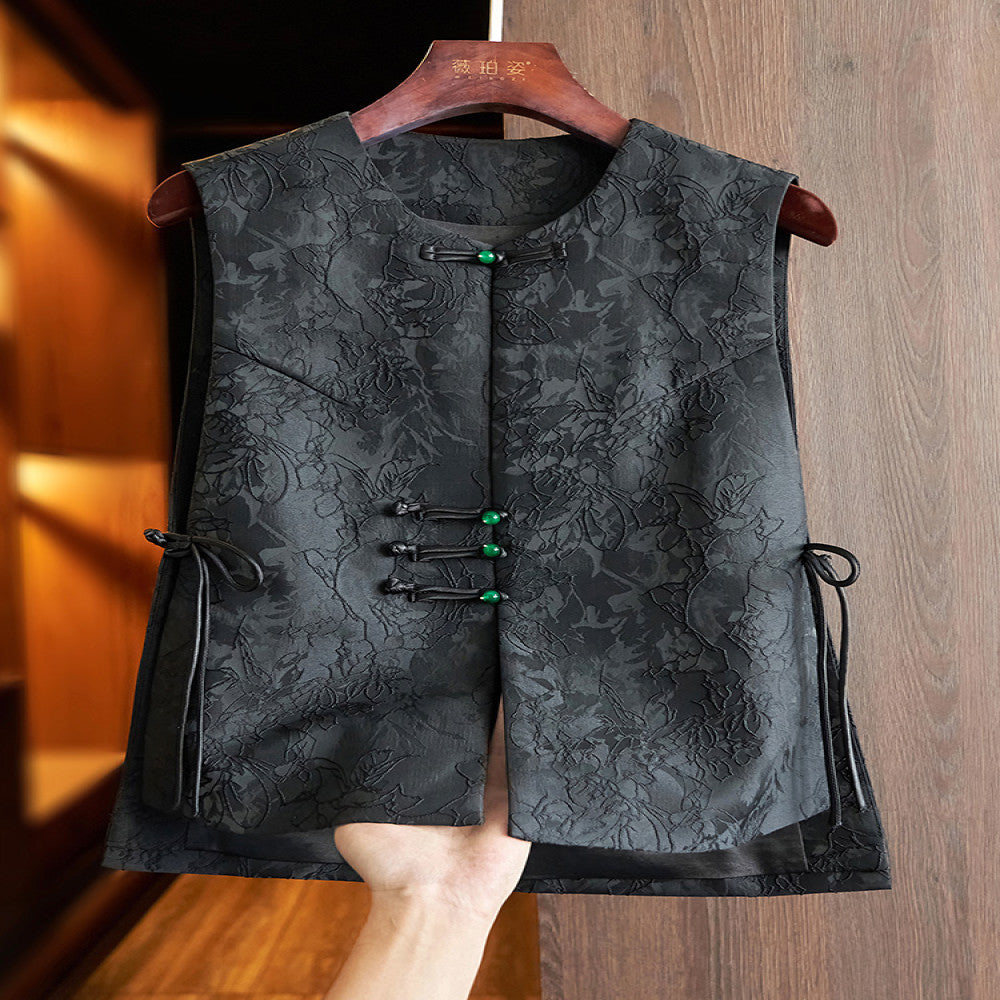 High grade black new Chinese waistcoat vest women s retro jacquard niche light China Chic style button folding top image 0