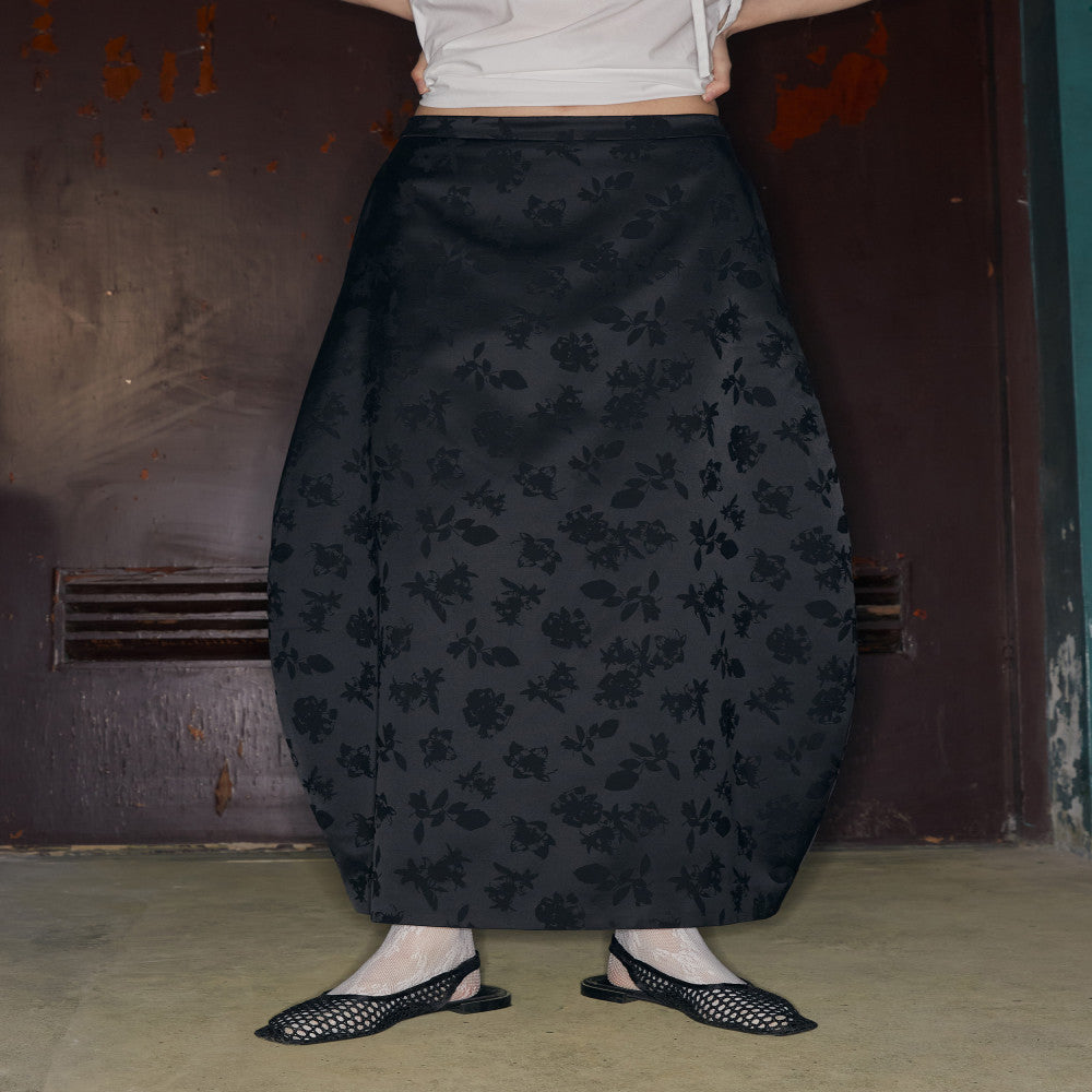ASAYA3374 Chinese Black Satin Jacquard Design Flower Bud Skirt