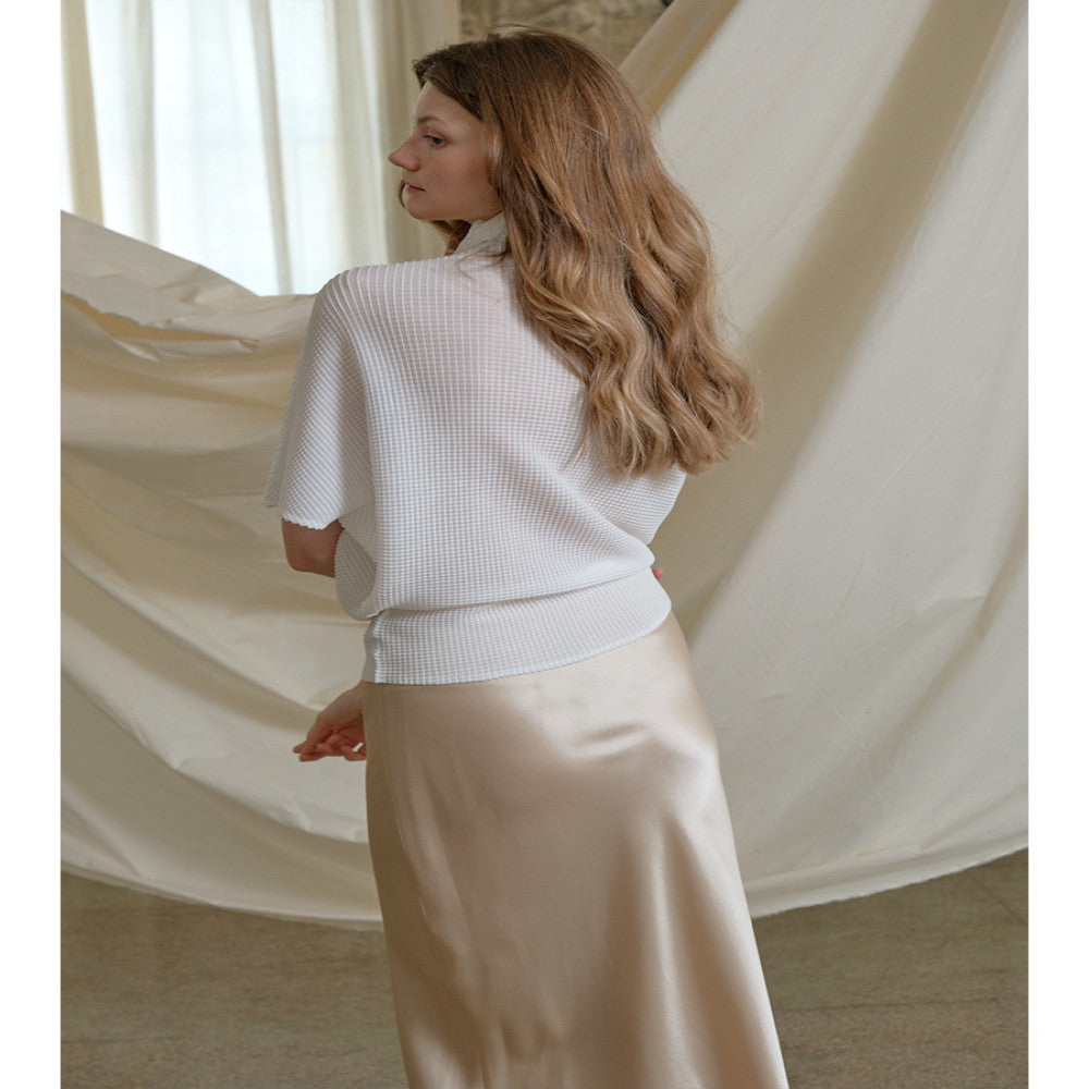 Whitecube French intellectual style old celin high neck short sleeved pleated top mid sleeved t shirt women s clothing image 2