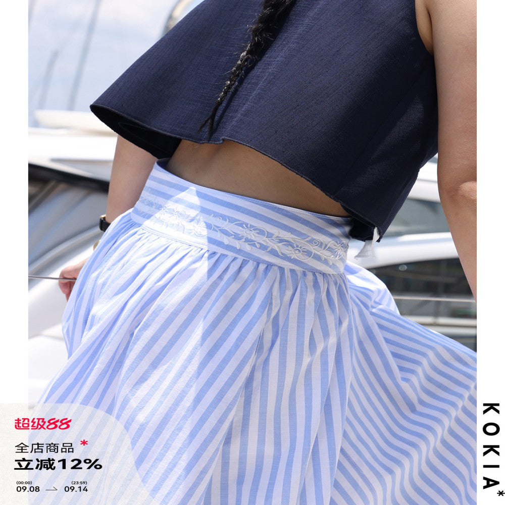 KOKIA spot nautical artist French Madeira embroidery curved wide waist striped half body umbrella skirt in two colors image 1