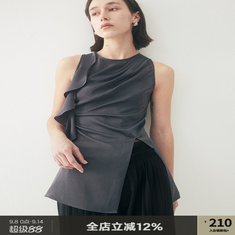 Someone Sometimes Original Ruffle Ribbon Pinch Fold Split Satin Texture Tank Top for Women s Outerwear image 1