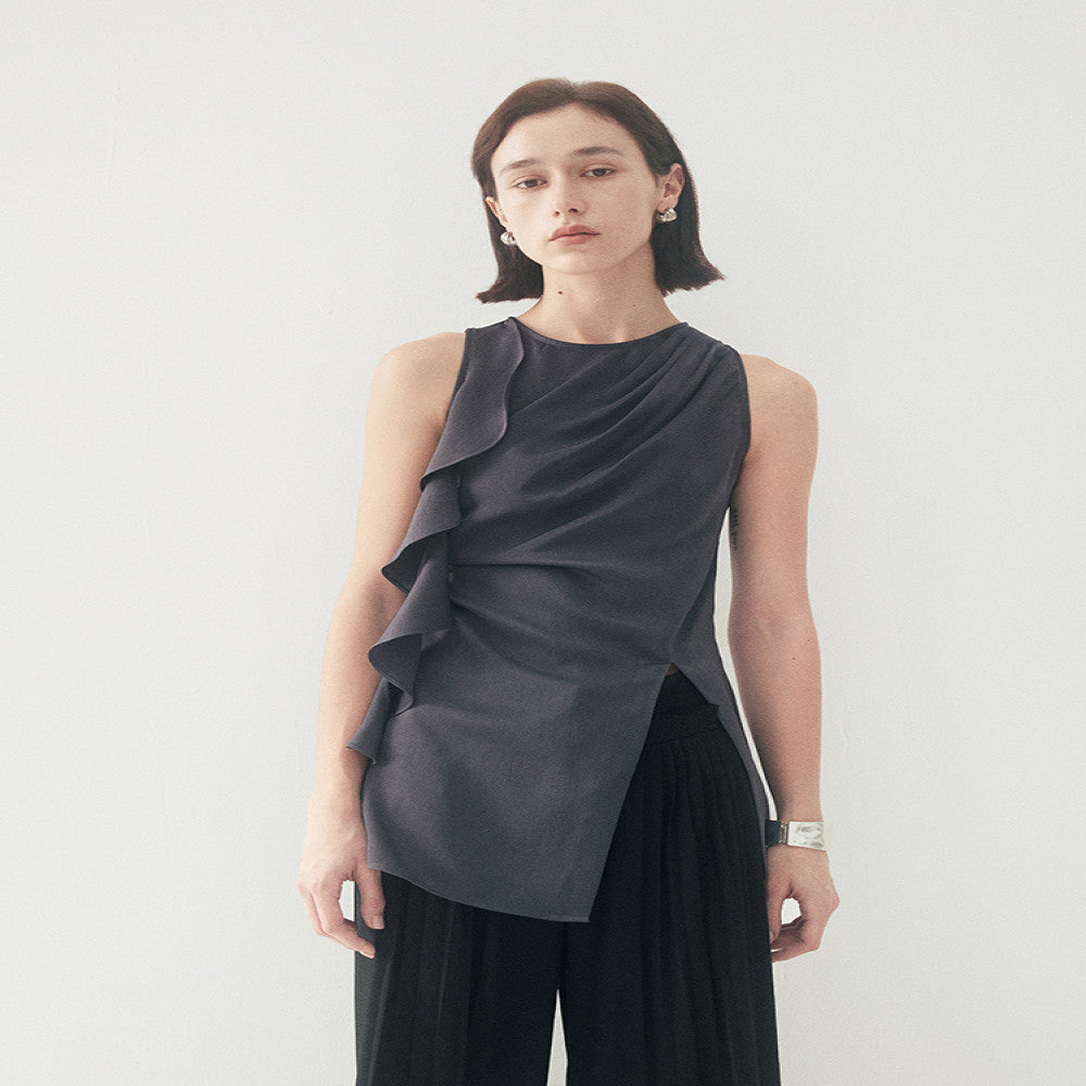 Someone Sometimes Original Ruffle Ribbon Pinch Fold Split Satin Texture Tank Top for Women s Outerwear image 2