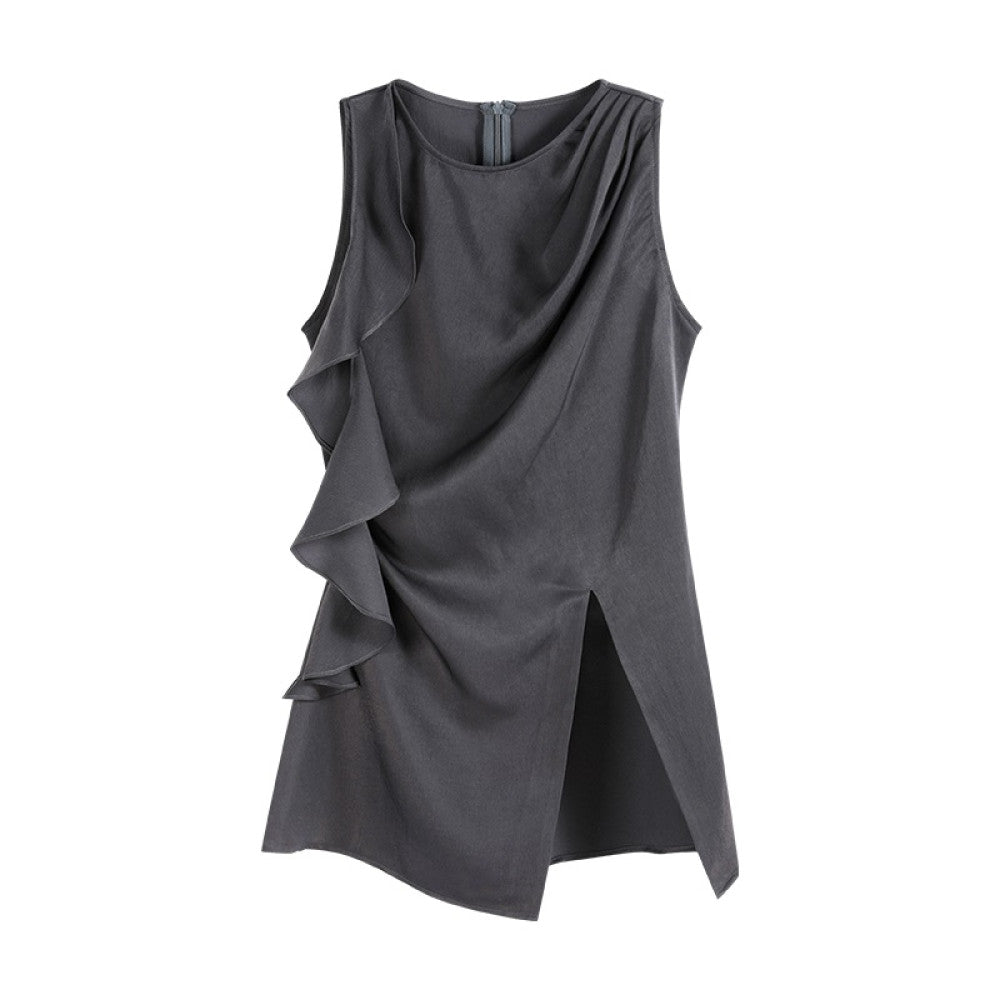 Someone Sometimes Original Ruffle Ribbon Pinch Fold Split Satin Texture Tank Top for Women s Outerwear image 7