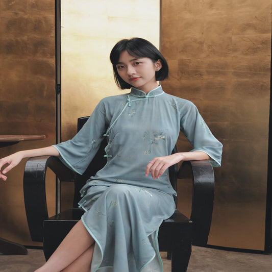ASAYA3284 Spring and Summer Six Points Waterproof Sleeve Retro Style Cotton Silk Cheongsam