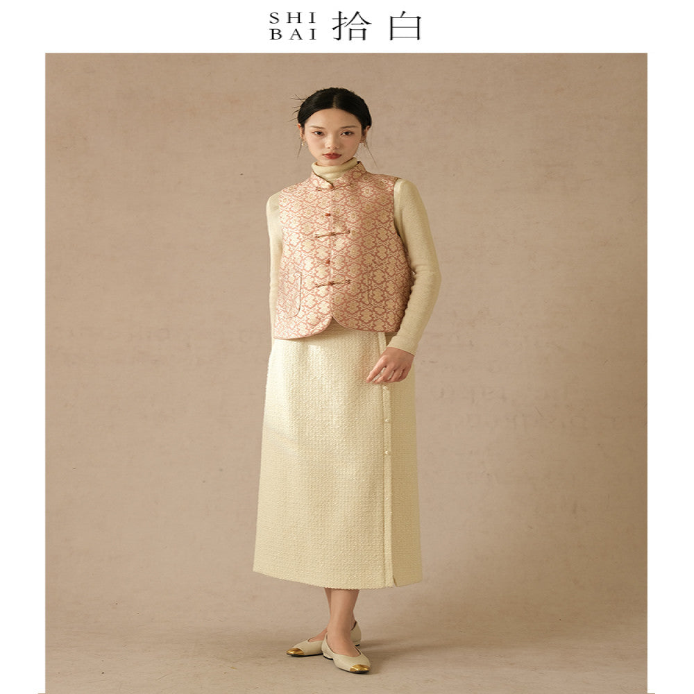SHIBAI White New Chinese style Vest Spring and Autumn Improvement Tang style Chinese style Women s Clothing Pink Plate Buckle Weaving Gold Jacquard Top image 2
