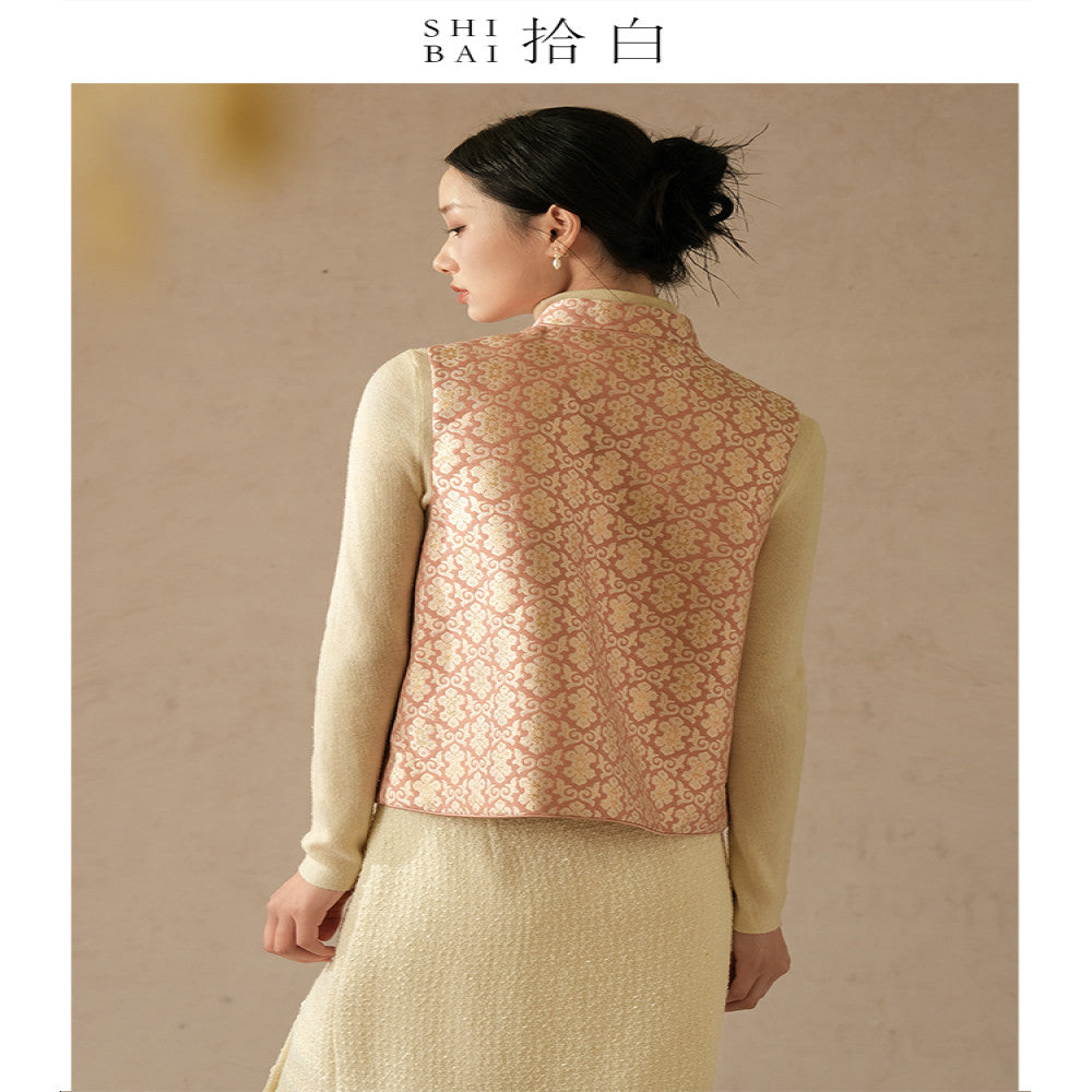 SHIBAI White New Chinese style Vest Spring and Autumn Improvement Tang style Chinese style Women s Clothing Pink Plate Buckle Weaving Gold Jacquard Top image 3
