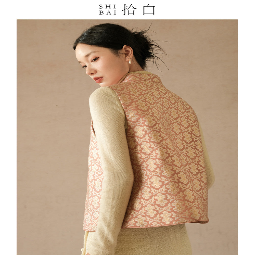SHIBAI White New Chinese style Vest Spring and Autumn Improvement Tang style Chinese style Women s Clothing Pink Plate Buckle Weaving Gold Jacquard Top image 0