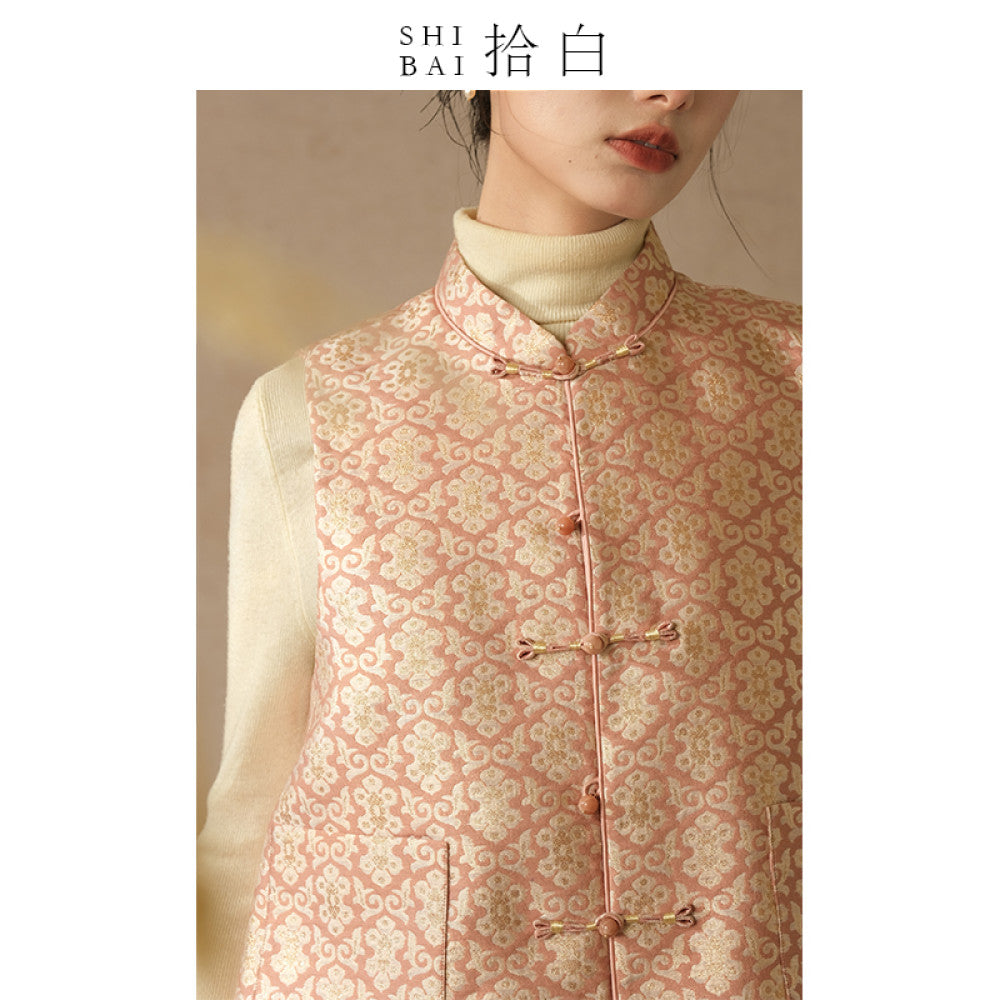 SHIBAI White New Chinese style Vest Spring and Autumn Improvement Tang style Chinese style Women s Clothing Pink Plate Buckle Weaving Gold Jacquard Top image 13