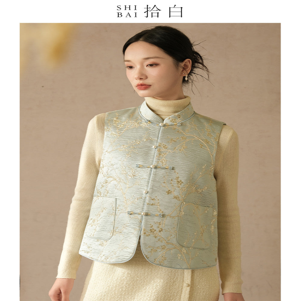SHIBAI White New Chinese style Vest Spring and Autumn Improvement Tang style Chinese style Women s Clothing Pink Plate Buckle Weaving Gold Jacquard Top image 26