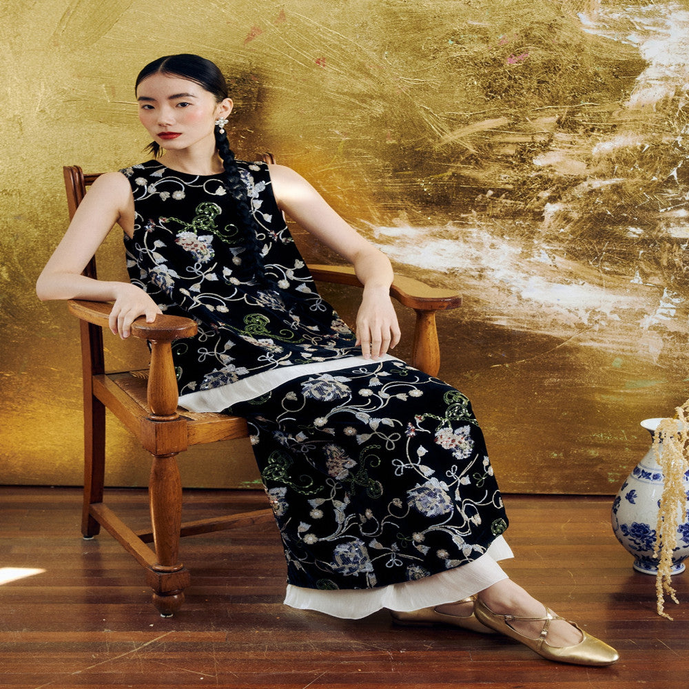 YUANYE Garden Wild Pomegranate Flower Original Innovative Chinese Velvet Heavy Industry Bead Embroidery Vest Half Skirt Set image 5
