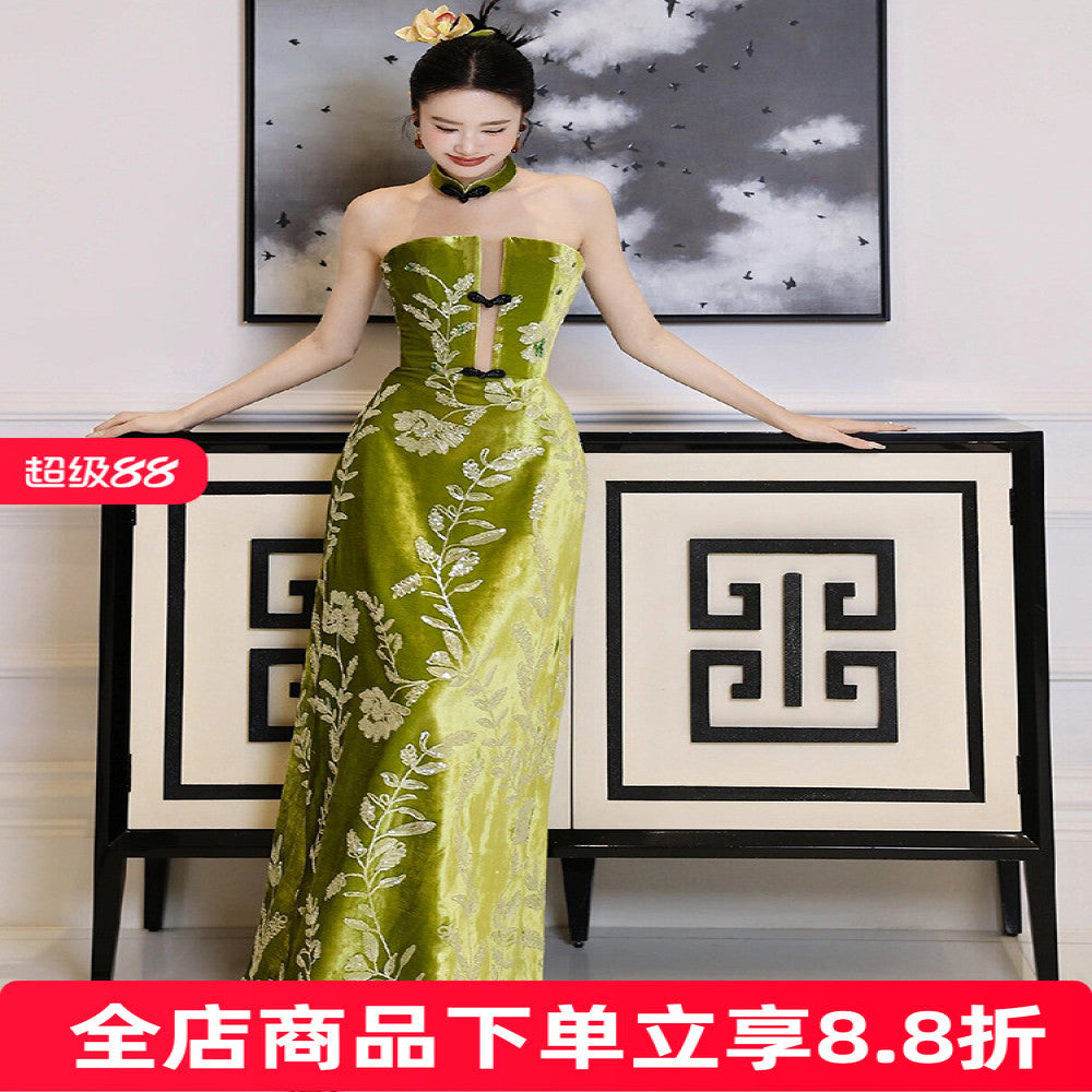 Vintage Bridal Toast Dress High end Heavy Industry Engagement Cheongsam New Chinese Style Skincare Light Luxury Niche Wedding Morning Robe Dress image 0