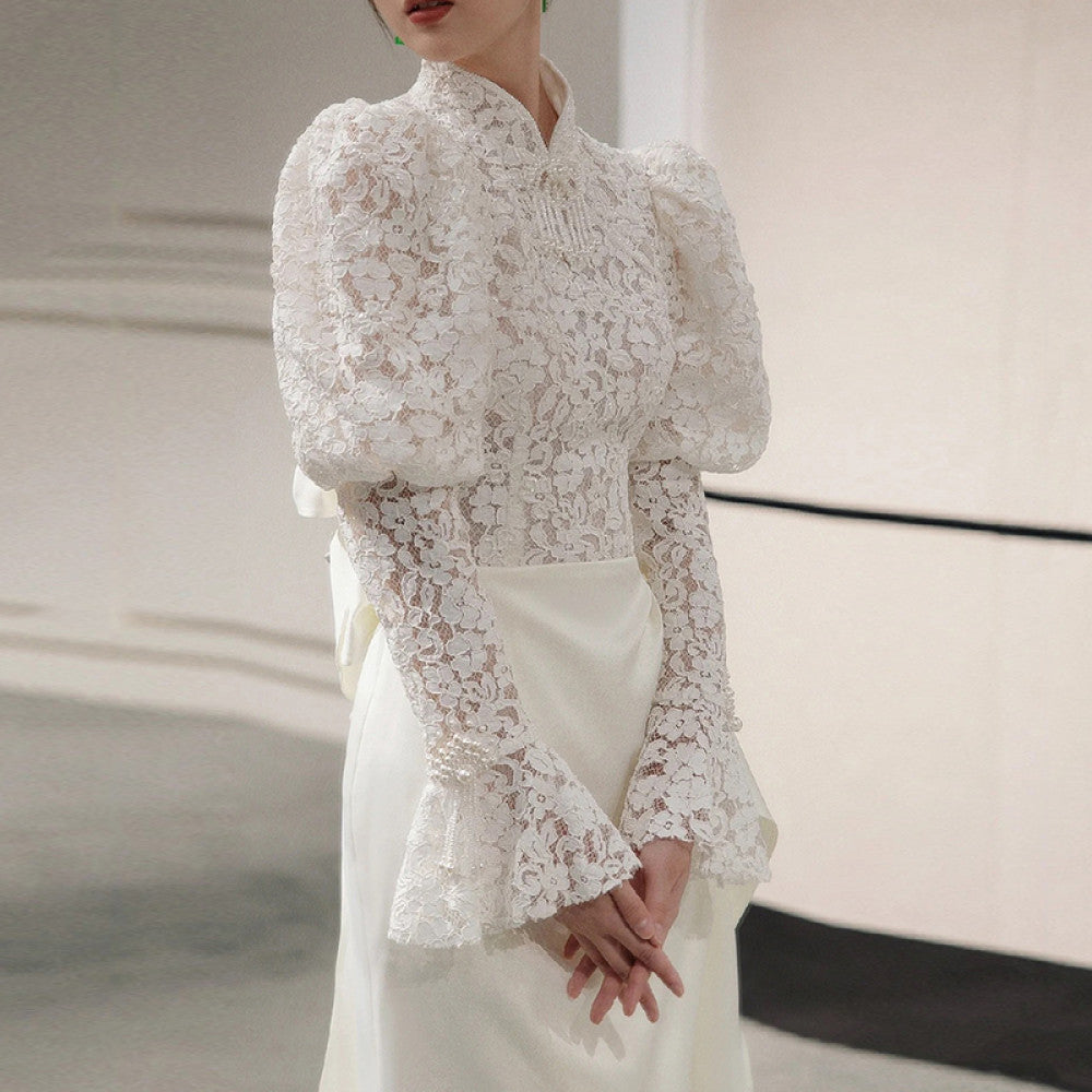 French Lace Light Wedding Dress 2025 Spring Edition Satin Small Long Sleeve Outward Yarn Retro Cheongsam Engagement Dress image 2