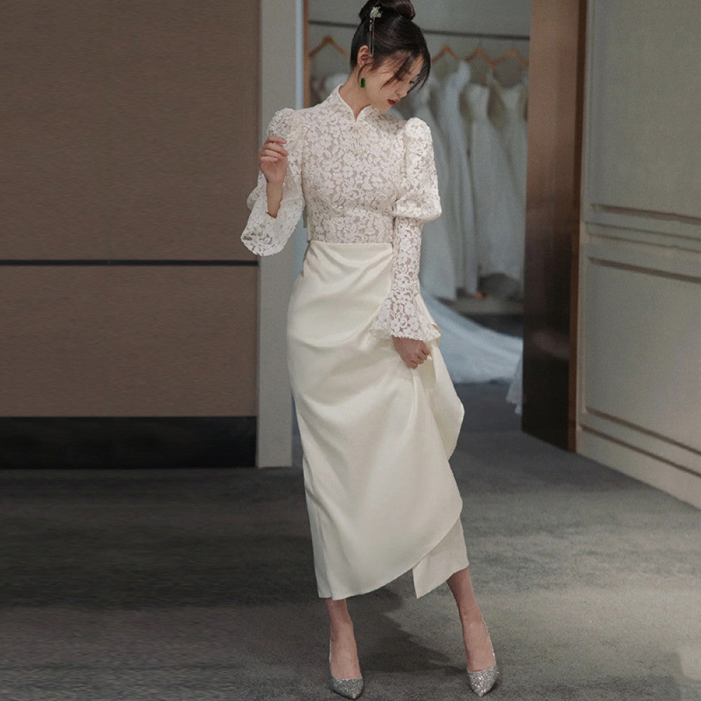 French Lace Light Wedding Dress 2025 Spring Edition Satin Small Long Sleeve Outward Yarn Retro Cheongsam Engagement Dress image 3