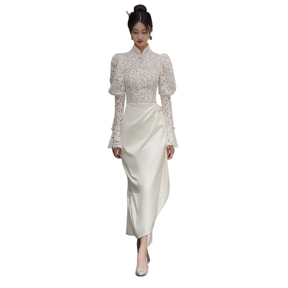 French Lace Light Wedding Dress 2025 Spring Edition Satin Small Long Sleeve Outward Yarn Retro Cheongsam Engagement Dress image 5