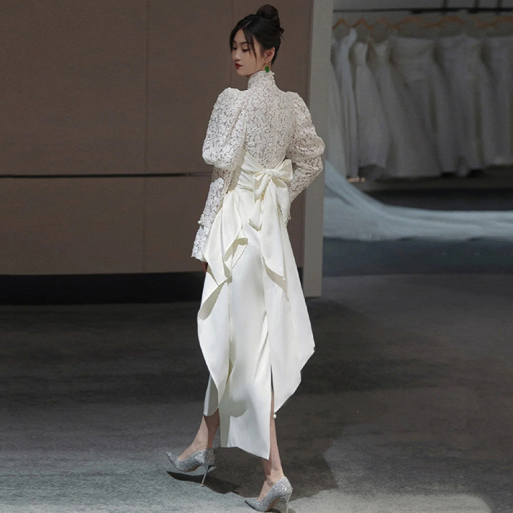 French Lace Light Wedding Dress 2025 Spring Edition Satin Small Long Sleeve Outward Yarn Retro Cheongsam Engagement Dress image 0