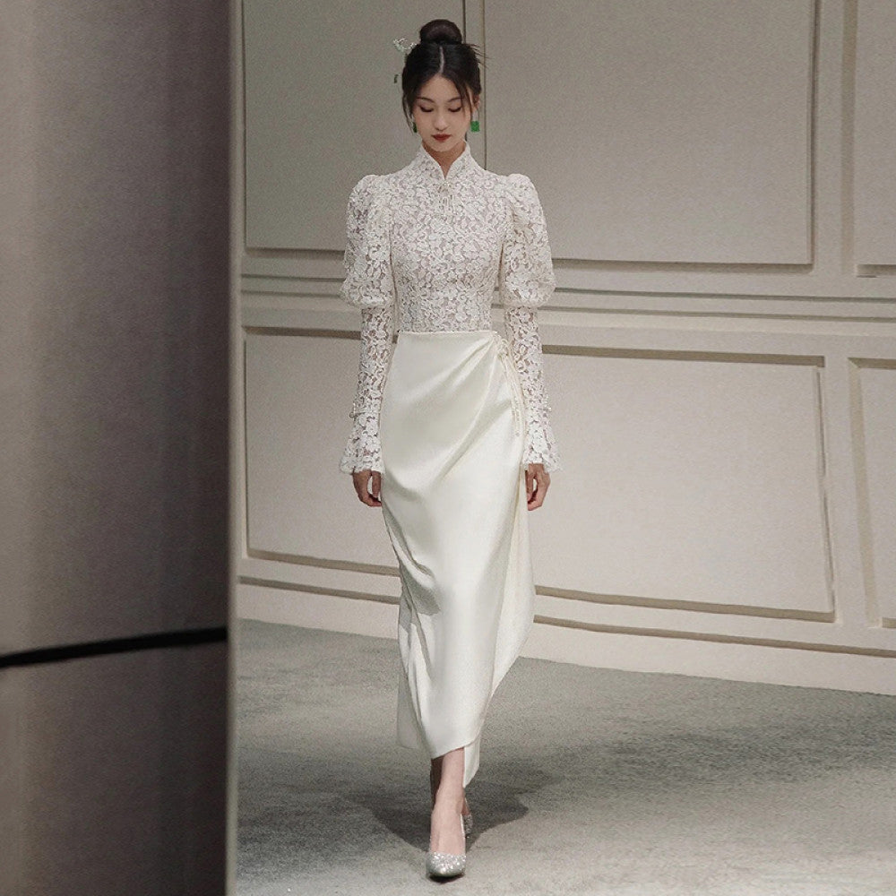 French Lace Light Wedding Dress 2025 Spring Edition Satin Small Long Sleeve Outward Yarn Retro Cheongsam Engagement Dress image 10