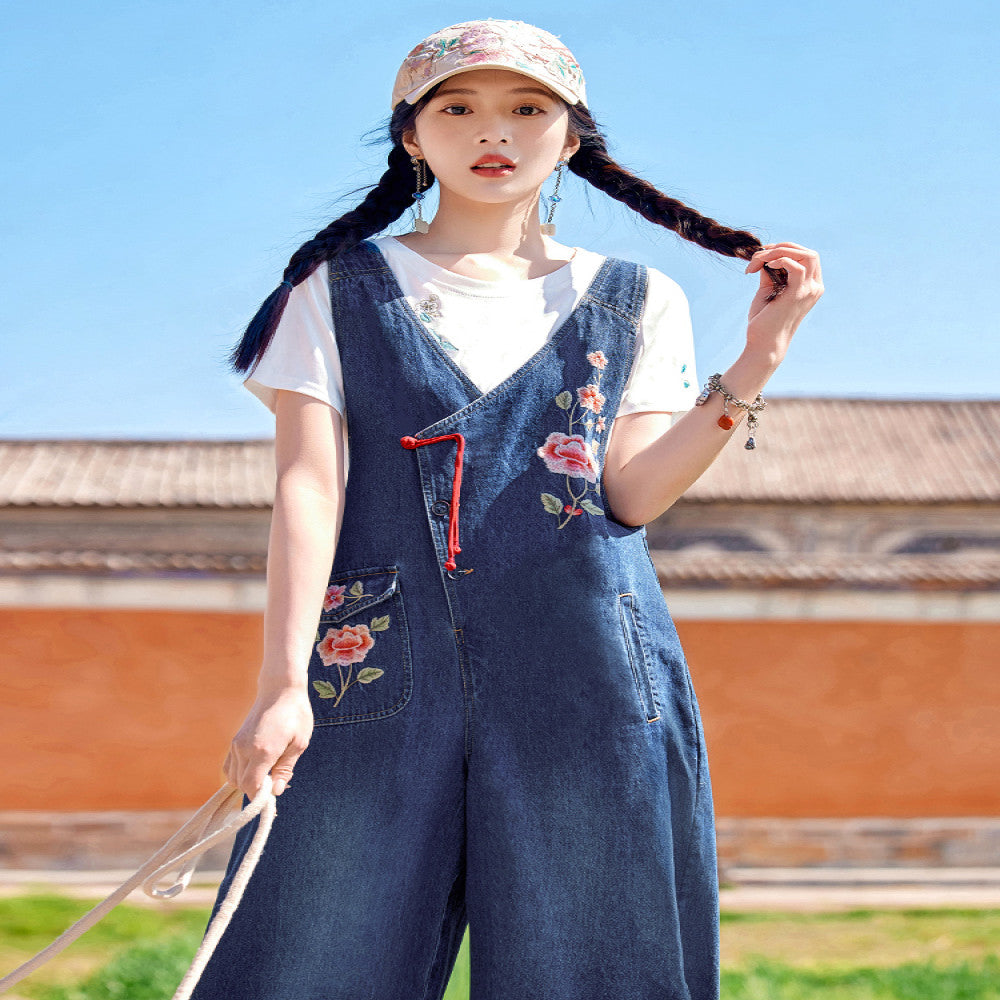 Flower making original by Xingchuan Chinese style embroidered denim overalls women s loose design age reducing wide leg pants summer image 1