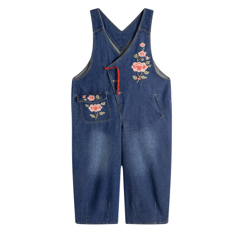 Flower making original by Xingchuan Chinese style embroidered denim overalls women s loose design age reducing wide leg pants summer image 5