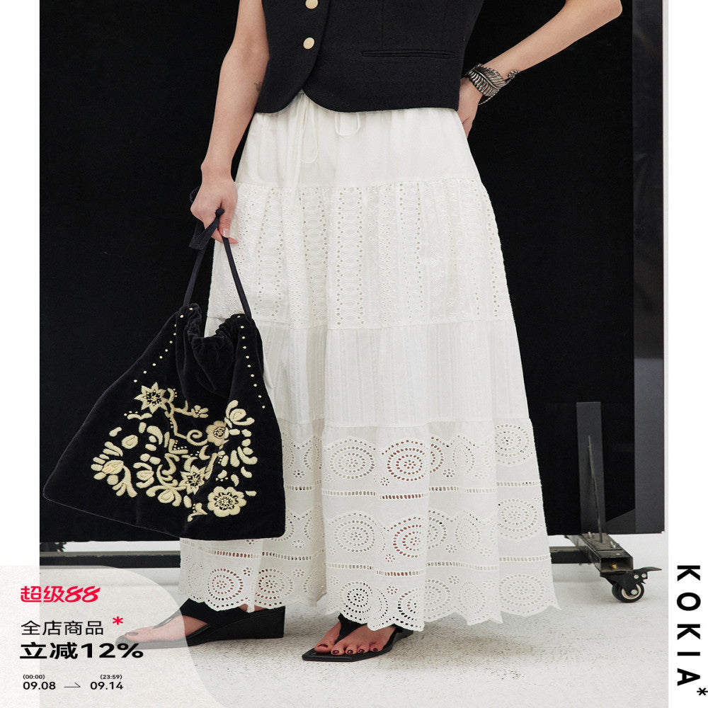 KOKIA Spot Celebrity Same Style Madeira Embroidered White Moonlight Lace Flower Splicing Elastic Waist Cake Half Skirt image 1