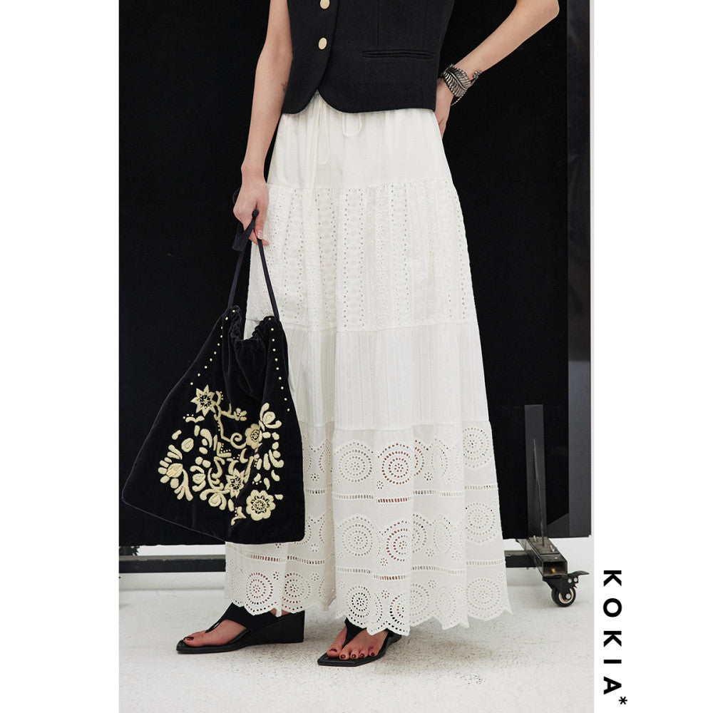 KOKIA Spot Celebrity Same Style Madeira Embroidered White Moonlight Lace Flower Splicing Elastic Waist Cake Half Skirt image 7