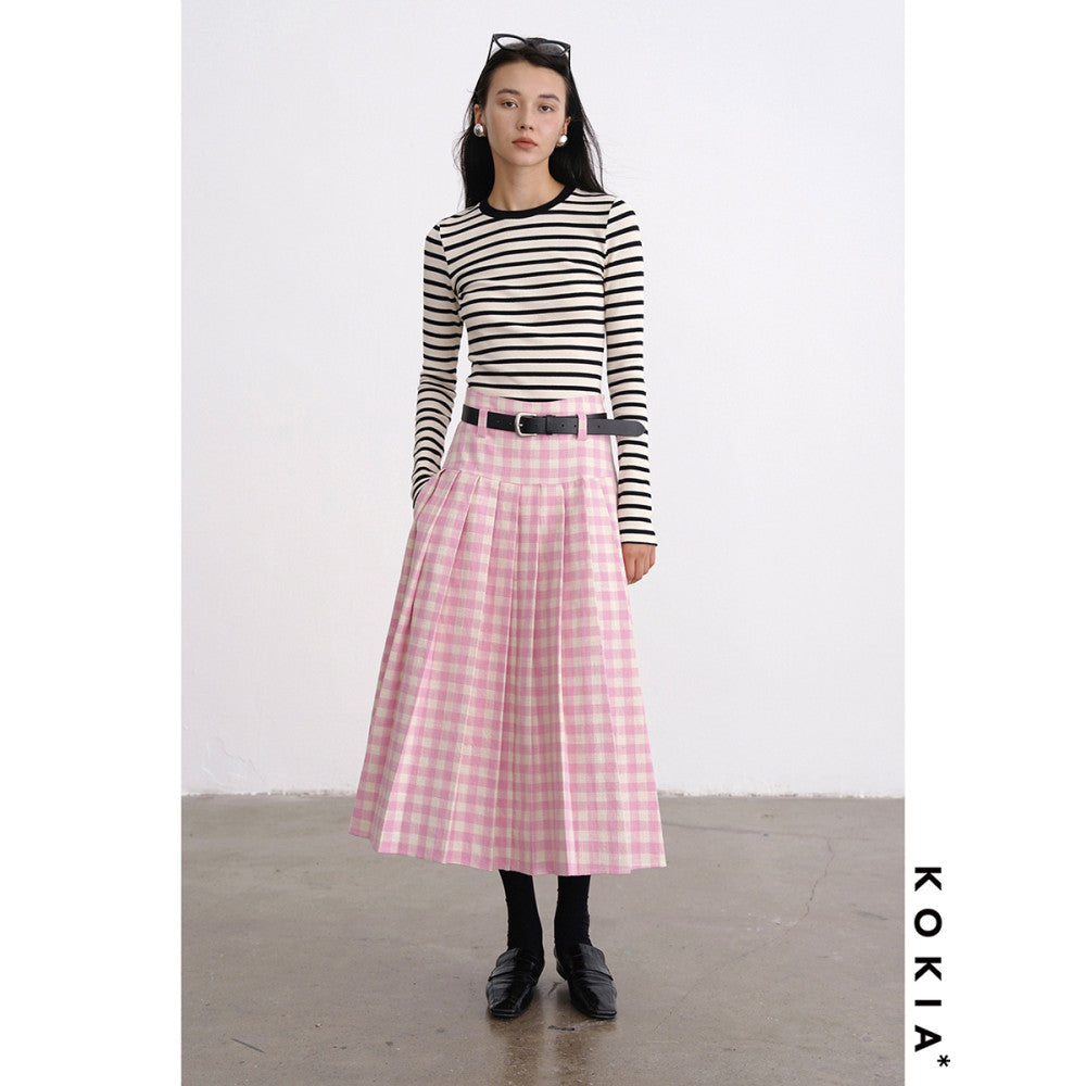 KOKIA Spot Sweet and Weird Girl Spring Pink Plaid Half length Skirt with Cropping and Folding Skirt Large Swing A line Umbrella Skirt image 7