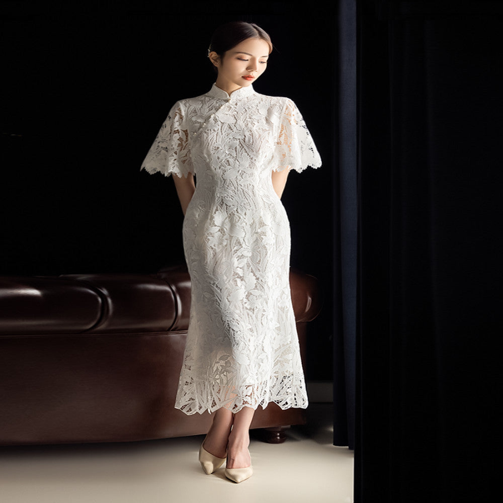 Dear Peony Iris White Cheongsam High End Bridal Engagement Toast Dress Lace Dress image 0
