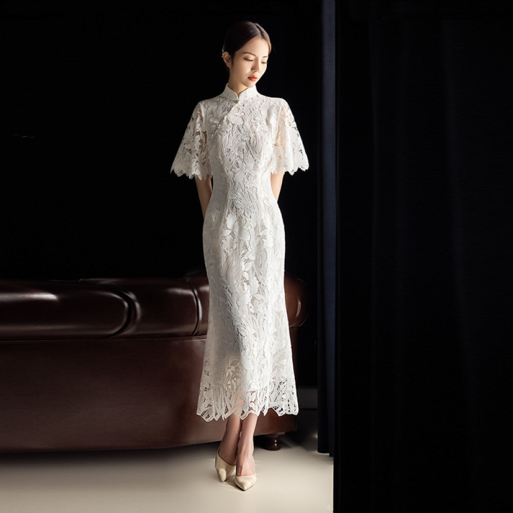 Dear Peony Iris White Cheongsam High End Bridal Engagement Toast Dress Lace Dress image 7