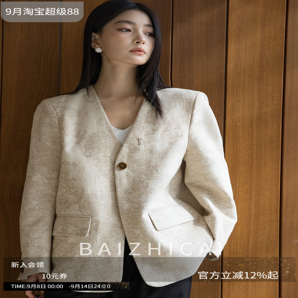 The same style as the counter slimming and encrypted linen king bomb collarless suit 325 simple jacquard light luxury cotton material comfortable jacket image 0