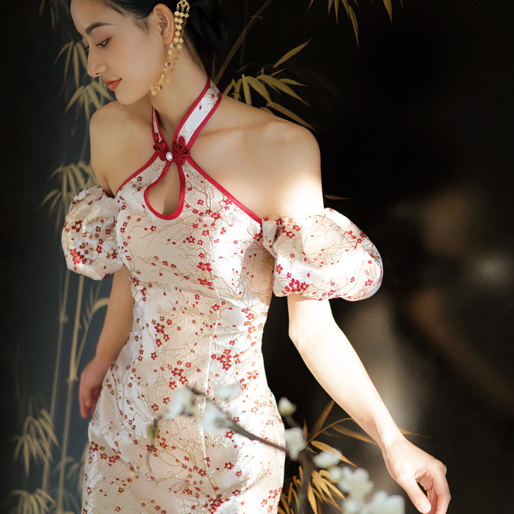 Moye New Chinese style Huanmei Neck Hanging Improved Fashion Original Cheongsam Bridal Wedding Toast Dress Engagement Certificate image 7