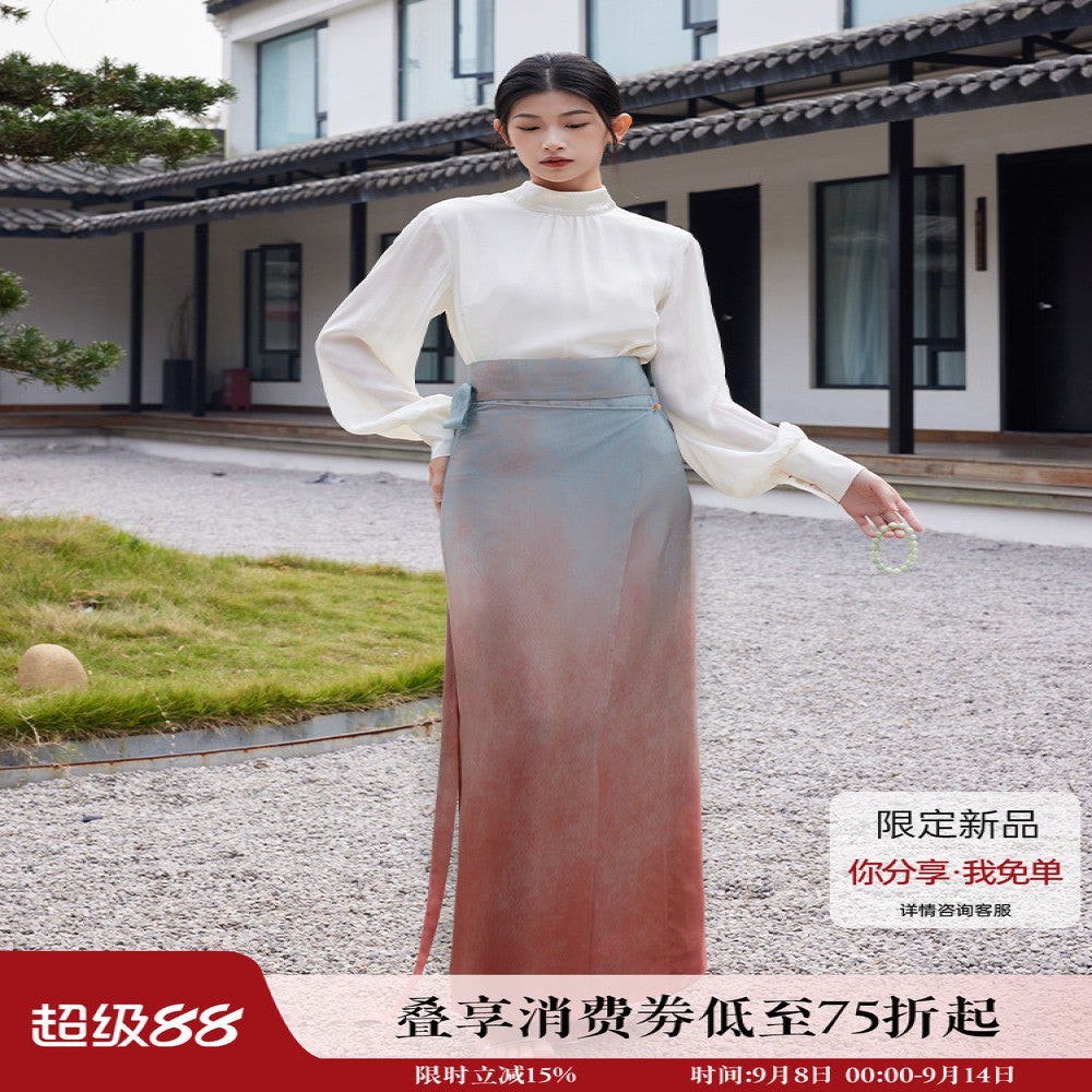 Listening to Xun Jinghong s Spring and Autumn New Hanfu Women s Original Chinese Style Silk Top Standing Collar Song Dynasty Daily Improved Spinning Skirt image 1