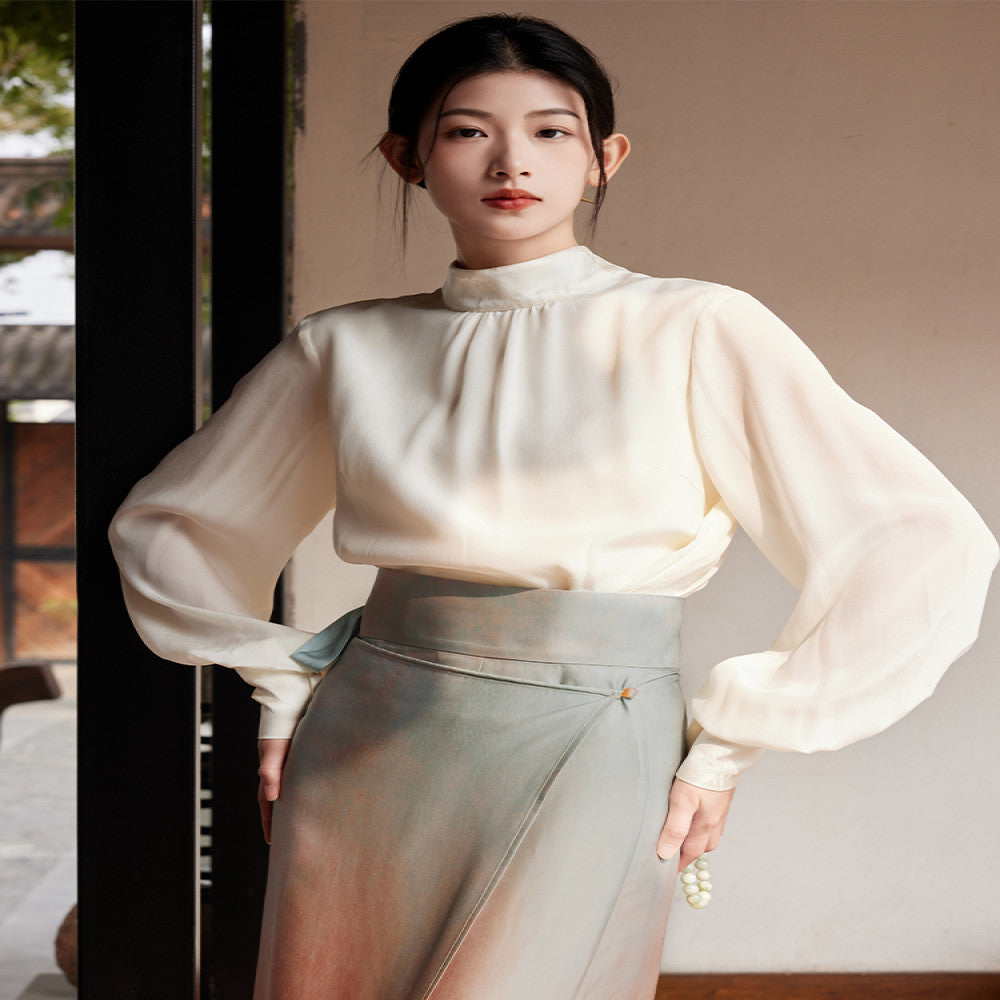 Listening to Xun Jinghong s Spring and Autumn New Hanfu Women s Original Chinese Style Silk Top Standing Collar Song Dynasty Daily Improved Spinning Skirt image 3