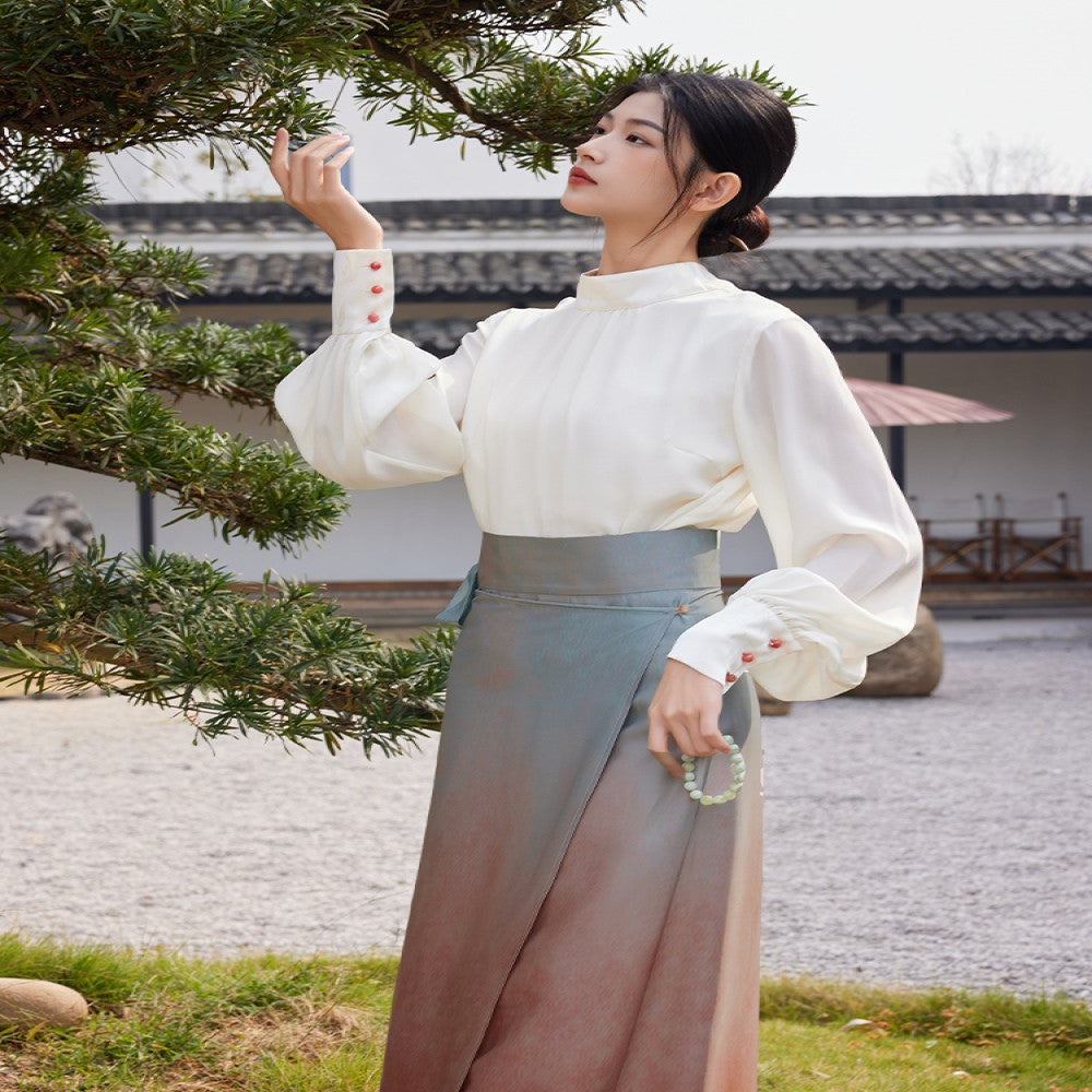 Listening to Xun Jinghong s Spring and Autumn New Hanfu Women s Original Chinese Style Silk Top Standing Collar Song Dynasty Daily Improved Spinning Skirt image 4