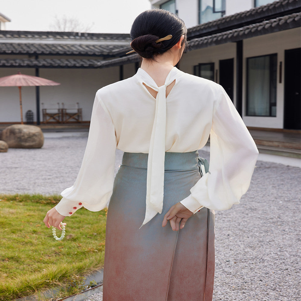 Listening to Xun Jinghong s Spring and Autumn New Hanfu Women s Original Chinese Style Silk Top Standing Collar Song Dynasty Daily Improved Spinning Skirt image 5